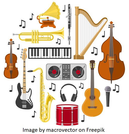 a picture of various musical instruments arranged in a circular pattern